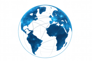 Blue earth globe showing a global internet network with glowing lines and connection points. Transparent background