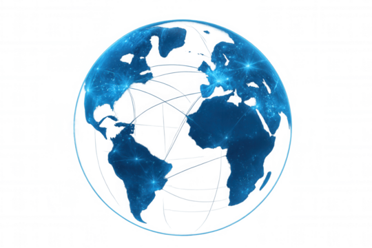 Blue earth globe showing a global internet network with glowing lines and connection points. Transparent background