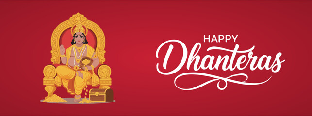 Kuber Happy Dhanteras Indian Wealth Festival Golden Coins Pot Throne Lord Joyful Illustration Celebration Abundance Tradition Prosperity Spiritual Art