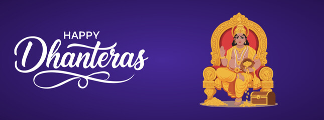 Happy Dhanteras Lord Kuber Golden Coins Throne Pot Artistic Festival Indian Wealth Treasure Joy Prosperity Auspicious Spiritual Illustration