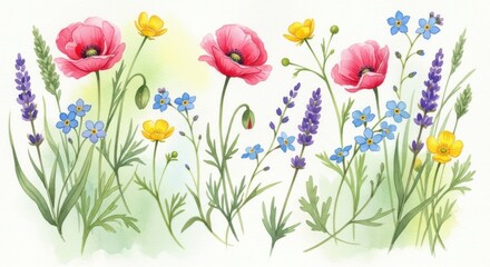 Delicate watercolor meadow flowers poppy lavender yellow blooms spring summer botanical art