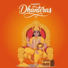 Happy Dhanteras Golden Pot Coins Kuber Indian Wealth God Festival Artistic Illustration Traditional Prosperity Celebration Royal Divine Culture Art