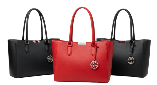 Three tote bags are displayed against a white background, two in black and one in red, all with handles and a circular logo.