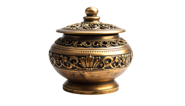 Ornate, round, bronze-toned jar with lid, featuring embossed floral and scrollwork designs
