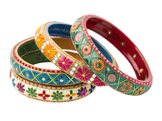 Exquisite handcrafted bangles showcasing vibrant floral designs and intricate jewel embellishments,isolated on white background