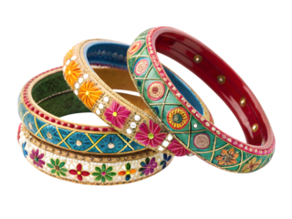 Exquisite handcrafted bangles showcasing vibrant floral designs and intricate jewel embellishments,isolated on white background