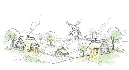 Charming sketchy village scene with houses trees and a distant windmill in soft yellow hues