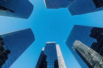 Modern architecture creates a beautiful skyline with towe glass skyscrapers reaching towards the clear blue sky on a bright sunny day in the city.