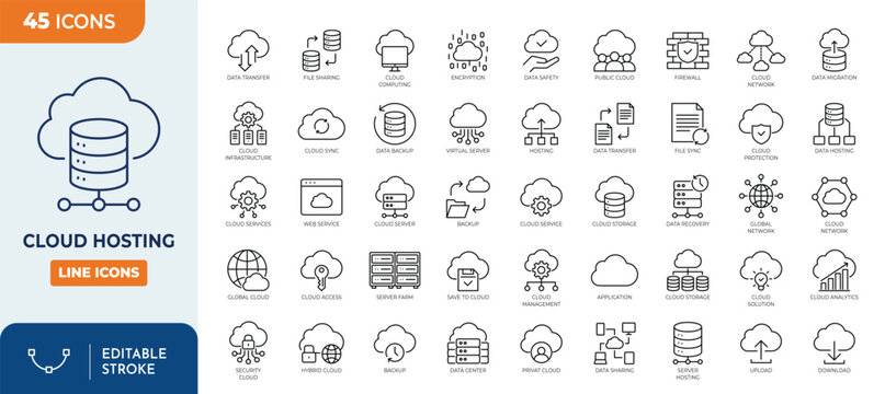 Cloud hosting line editable icon set. Containing cloud storage, cloud computing, data backup, cloud server, file sync, and more. Editable stroke. Vector illustration