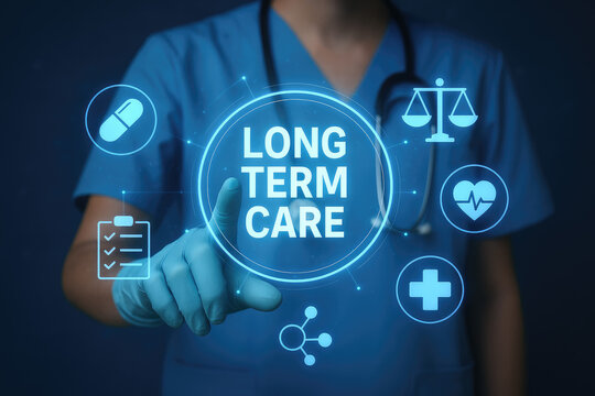 Healthcare professional touching a digital interface for long term care with medical icons doctor nurse