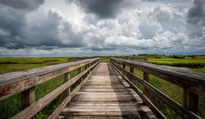 Wooden boardwalk through a marsh, leading to a cloudy sky