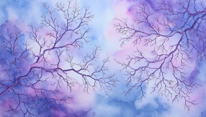 Watercolor view of bare branches against a vibrant, cloudy sky