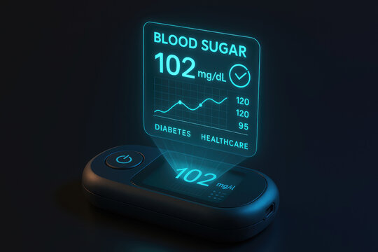 Holographic blood sugar reading of 102 mg/dL on a modern diabetes monitoring device digital technology