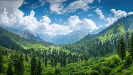 Fototapeta premium Panoramic view of a lush green valley nestled between majestic mountains under a vibrant blue sky dotted with fluffy white clouds
