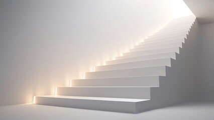 Obraz premium Illuminated white staircase ascending towards a bright future, symbolizing growth, progress, and the path to success in a minimalist architectural setting copy space area