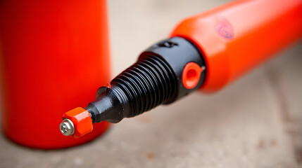 Close-up of an orange and black garden hose connector with a threaded nozzle attachment