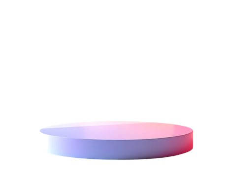 A low, circular, white platform with a subtle gradient of pink and blue light reflecting on its edges, set against a black background