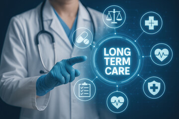 Medical Professional Using a Digital Screen to Access Long Term Care Information healthcare doctor