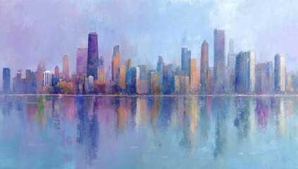 Chicago skyline at dawn, painted in soft pastels, reflecting on a tranquil lake