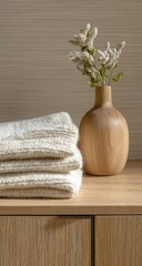 Beige knitted blankets on a light wood surface with a wooden vase and dried flowers