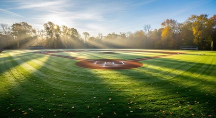 Sunbeams illuminate an empty baseball field at dawn, mist hangs in the air, autumn leaves on trees.