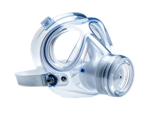 Transparent full-face respirator mask with adjustable head straps and a circular air filter