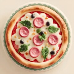 鮮やかなトッピングの丸いピザ 白色の背景