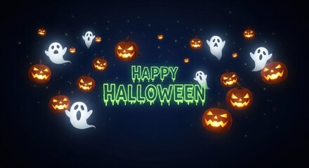 Happy Halloween, glowing pumpkins and spooky ghosts floating against a starry night sky.