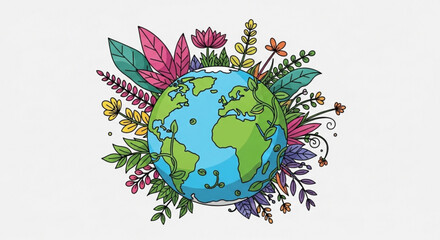 Earth day illustration of planet earth with floral decorations for environmental awareness and sustainability