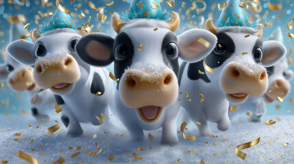 Obraz premium Gruppe von weißen Kühen mit schwarzen Flecken blickt in die Kamera während buntes Konfetti vom Himmel fällt
