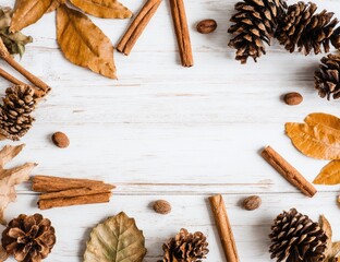 Autumnal border of dried leaves, cinnamon sticks, and pinecones on a white wooden background