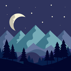 Obraz premium A panoramic night mountain with tree vector landscape background.