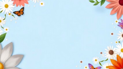 柔らかい青色の背景の花柄と蝶々の明るいフレーム