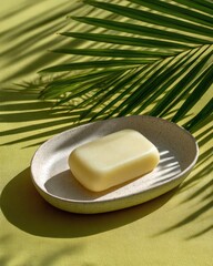 Creamy bar soap in light beige dish, tropical leaf shadow