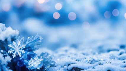 Abstract Snowflakes with Sparkling Blue Bokeh