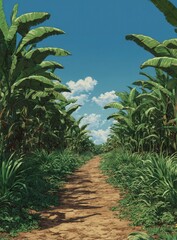 Lush tropical path lined with banana trees under a partly cloudy sky
