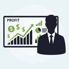 Vector art of silhouette of a businessman standing next to a digital screen displaying a profit graph with dollar signs and charts, symbolizing financial growth and success