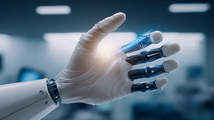 Robotic hand with illuminated mechanical fingers in a high-tech laboratory environment