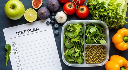 Healthy meal prep with diet plan and fresh ingredients