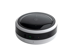 Sleek, circular smart device with a dark top, light grey base, and subtle indicator lights