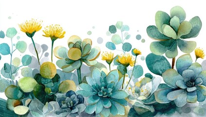 Watercolor succulents and wildflowers in teal, yellow, and green