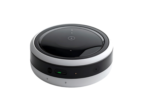 Sleek, circular smart device with a dark top, light grey base, and subtle indicator lights
