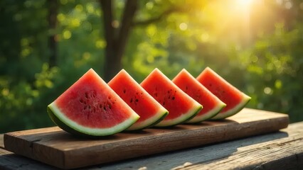 緑背景の木の板の上のスイカのスライス