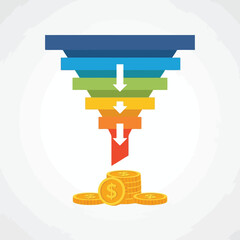 Vector art of sales funnel with coins at the bottom, representing lead conversion into revenue