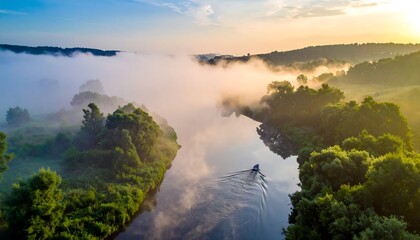 Misty river sunrise view