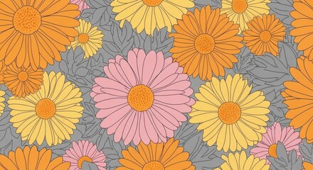 Vibrant floral pattern featuring orange yellow and pink daisy-like flowers seamless background