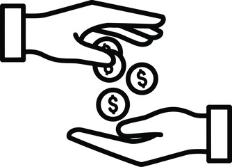 Vector art of line art icon of hands exchanging coins, representing financial transaction, payment, or donation