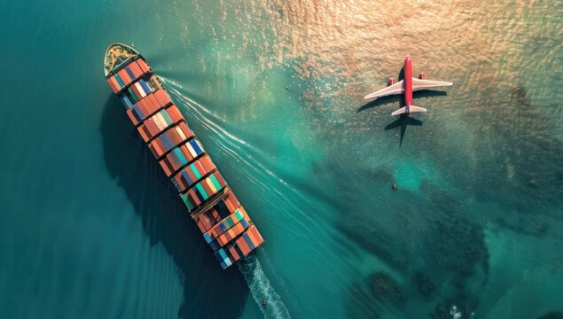 High-angle view of a large cargo ship and a plane on the water, showing global trade and transportation - Powered by Adobe