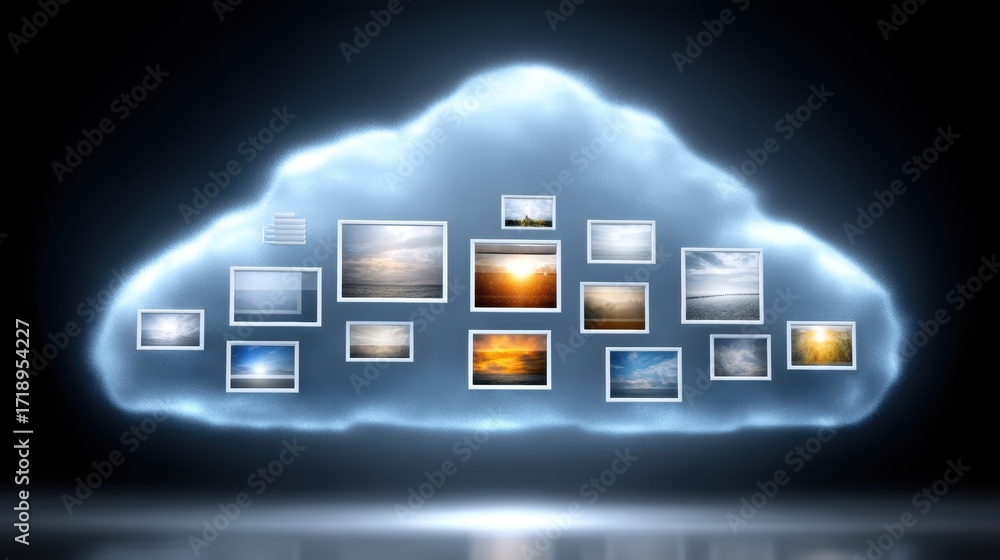 Aufkleber cloud storage visualization, photos floating in a digital cloud network visual