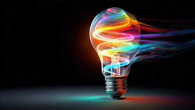 Creative concept showing a vibrant rainbow colored swirl of light energy entering and illuminating a classic glass light bulb against a reflective dark background with copy space